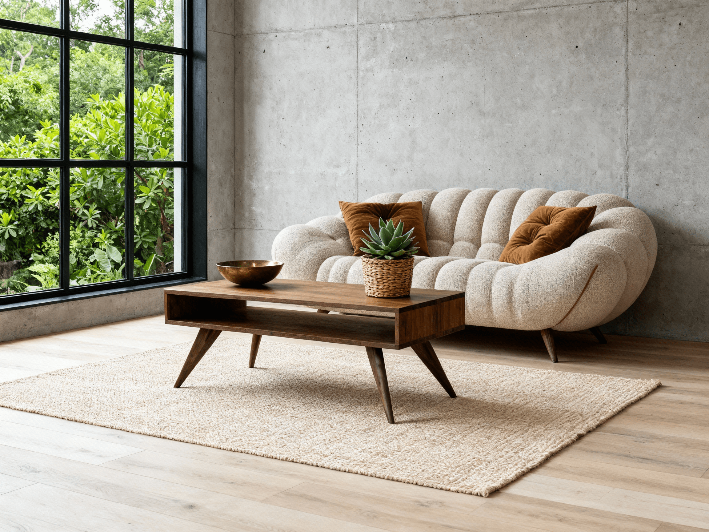 A modern living room with a beige tufted sofa, two brown cushions, a TY Fine Furniture Modern Coffee Table in Walnut - Solid Wood (Columbus OH) with a potted plant and bowl, textured rug, concrete wall, and large window with greenery.