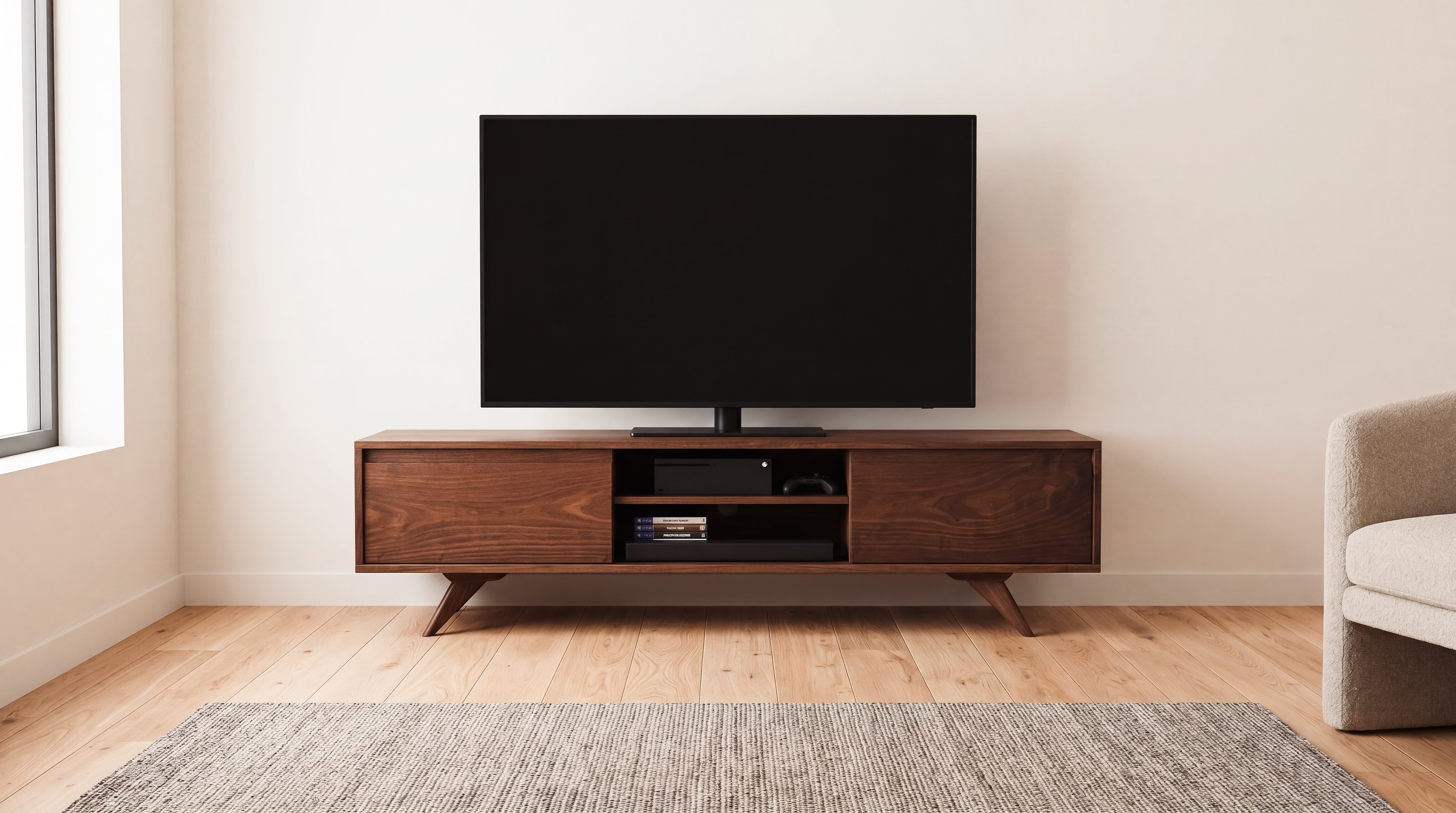 A flat-screen TV sits on the Modern Entertainment Console with Drawers by TY Fine Furniture, crafted from solid wood and featuring ample storage space, positioned next to a beige armchair on a light wood floor with a gray rug.