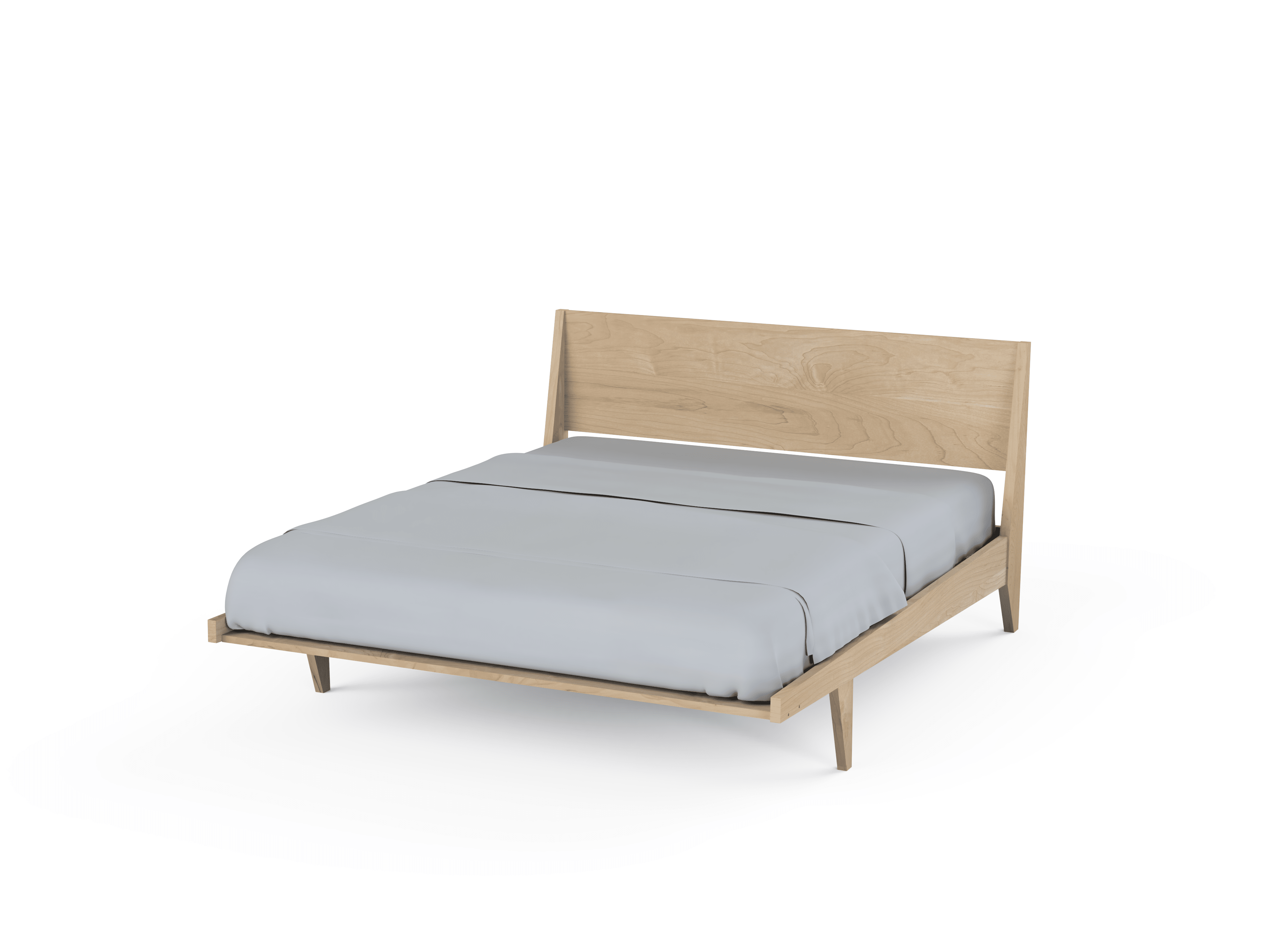 The Modern "ONE" Platform Bed by TY Fine Furniture is a handmade solid wood frame with a light finish, angled headboard, and tapered legs. Light gray bedding completes its minimalist, modern design. Made in the USA and shown against a white background.