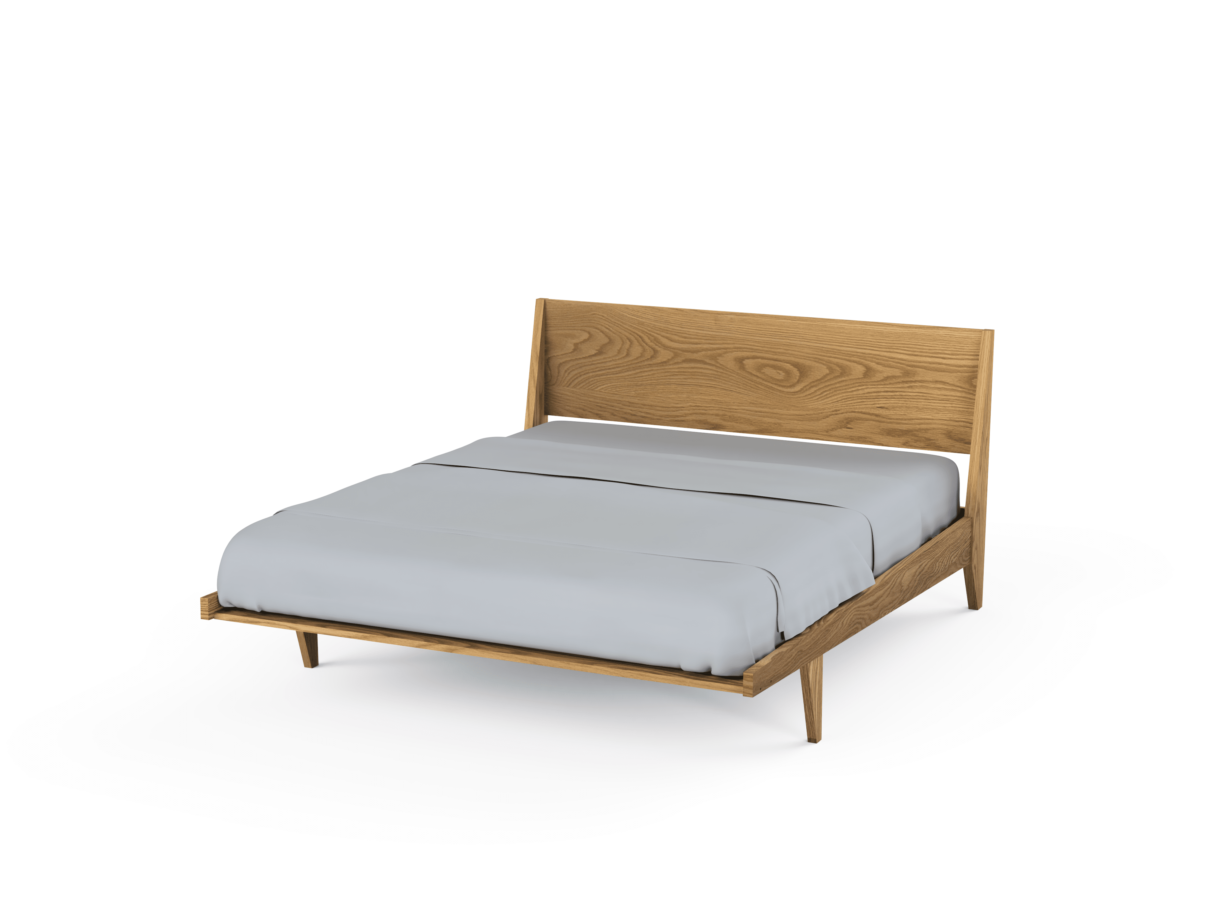 The Modern "ONE" Platform Bed by TY Fine Furniture is a handmade solid wood bed frame with a light finish and simple headboard, shown with light gray bedding against a white background. Made in the USA.