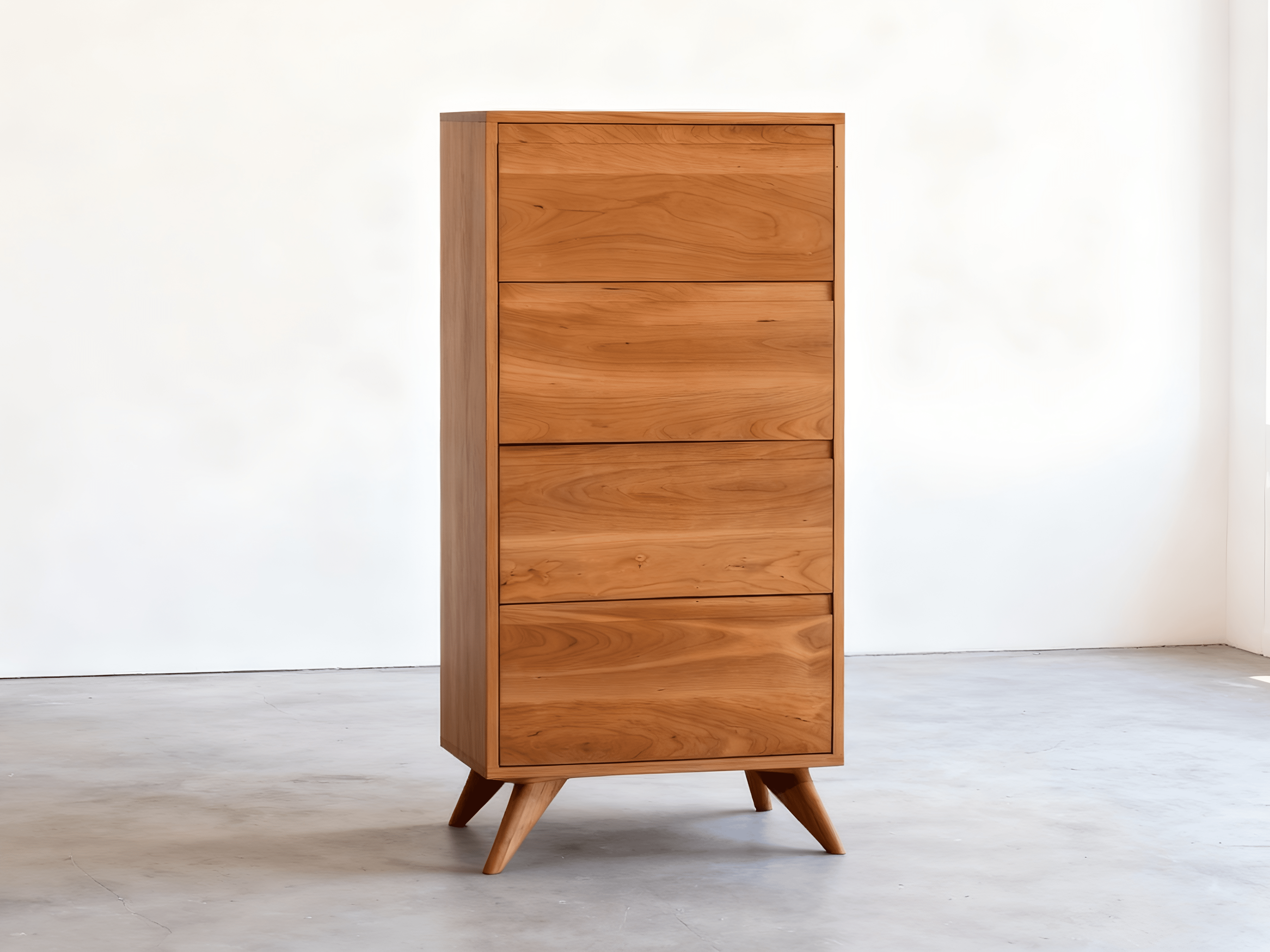 The Tall Mid-Century Modern Dresser - Solid Wood by TY Fine Furniture features five drawers and angled legs, standing elegantly on a polished concrete floor against a plain white wall.