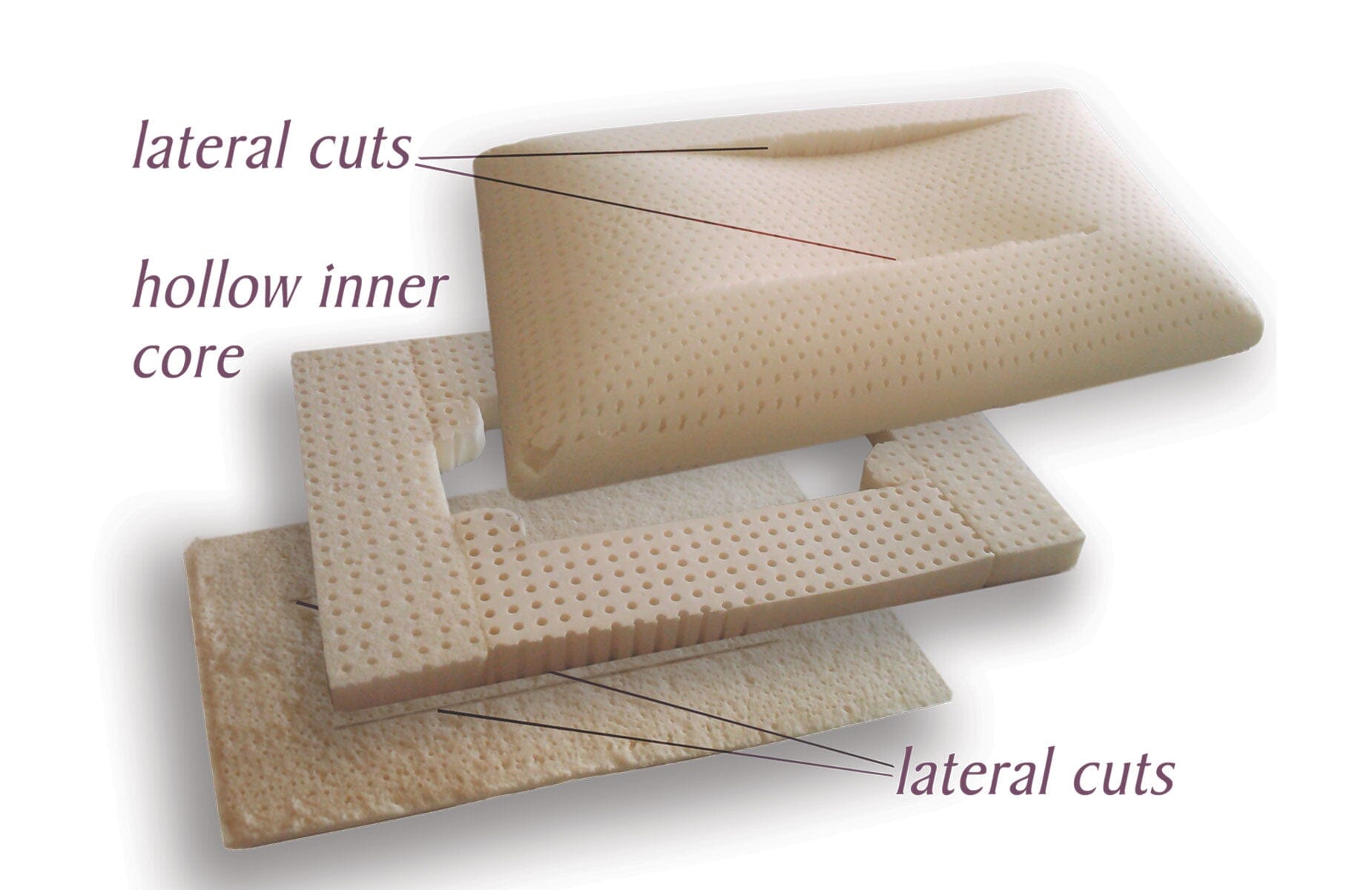 Three foam pillow layers are shown, labeled to highlight the edge support design with lateral cuts and a hollow core, illustrating the Oxygen Pillow - Natural Fill by TY Sleep’s internal structure for improved support and airflow—ideal for side sleepers.