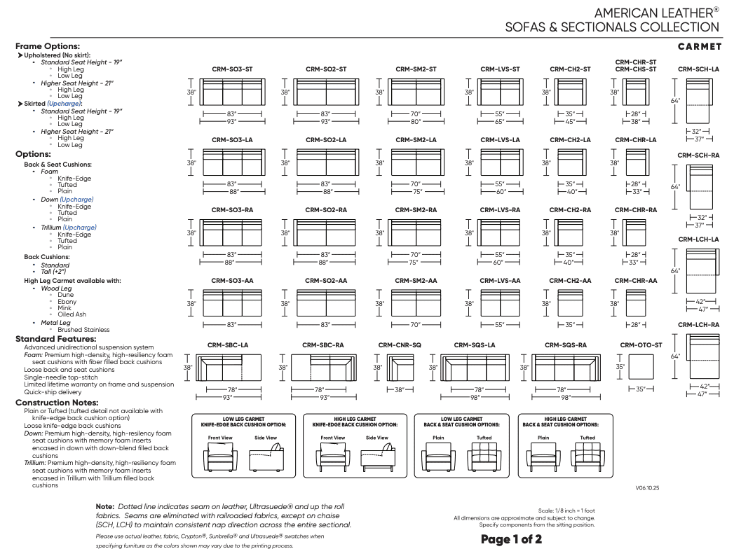 A detailed chart showcases the American Leather CARMET Sofa, Loveseat, and Chair, featuring modern design, customizable configurations, diagrams, dimensions, options, and notes on high-density foam cushions.