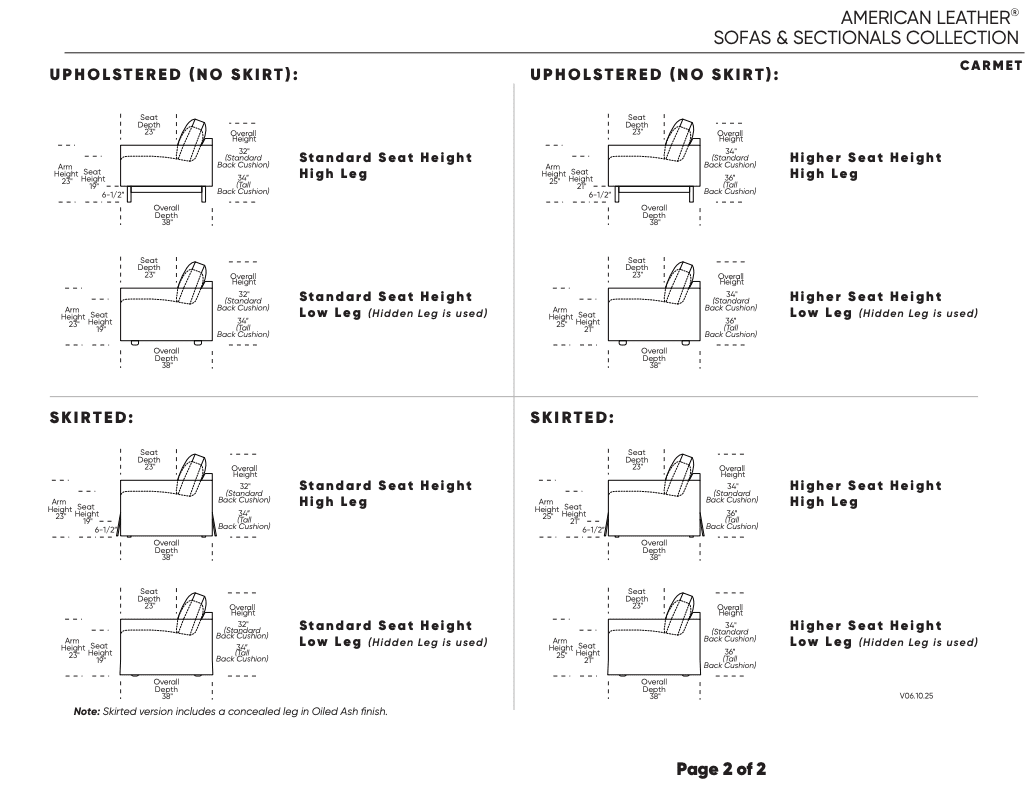 Four diagrams display the American Leather CARMET Swivel Chair profiles, showing different skirt and leg styles, seat heights, and dimensions. Each is labeled Upholstered (No Skirt) or Skirted to highlight customization options.