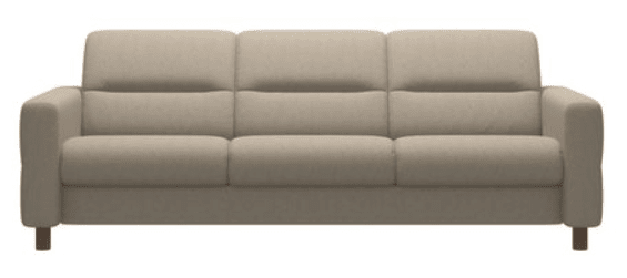 The Stressless Fiona 3 Seater by Stressless features plush cushions, wooden legs, and a beige finish, showcased from the front against a white background to highlight its modern design.