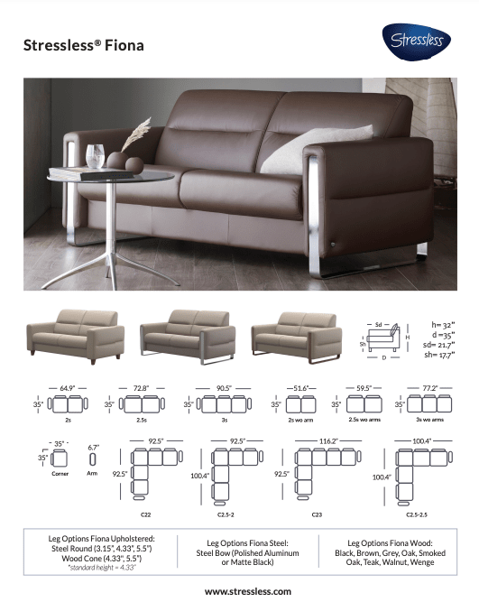 A modern brown leather Stressless Fiona sofa by Stressless is featured in a living room. See diagrams, dimensions, and leg options for the Fiona 3 Seater, 2.5 Seater, 2 Seater, and 1 Seater in various configurations below.