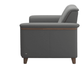 Side view of the Stressless Fiona sofa collection (3, 2.5, 2, and 1 Seater) by Stressless; features modern gray upholstery, wooden legs, and a slightly reclined backrest against a plain white background.