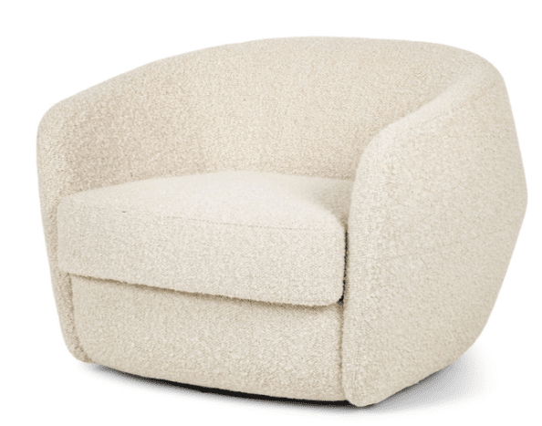 The American Leather BERGER Swivel Chair is a modern, cream barrel back chair with high-density foam and a plush seat cushion, showcased against a white background.