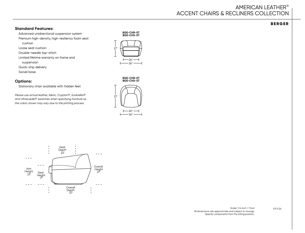 Product sheet for the American Leather BERGER Swivel Chair by American Leather, showing front, side, and top-view drawings with measurements, standard high-density foam features, and available swivel options listed on the left.