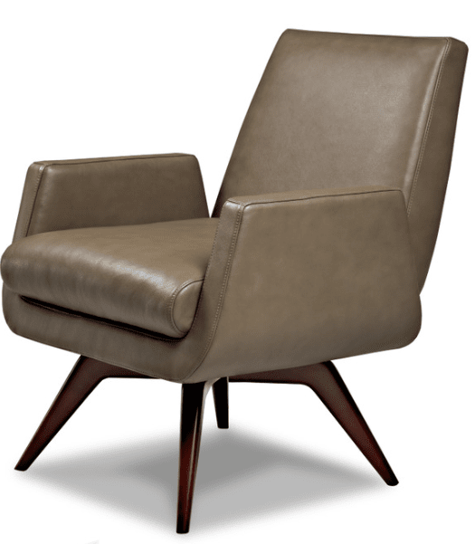 The American Leather Marshall chair by American Leather features brown leather upholstery, angled armrests, and dark wood splayed legs in a modern mid-century style, shown against a white background.