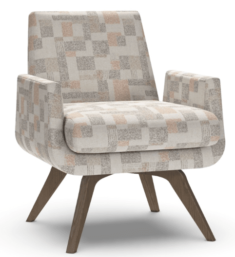 The American Leather Marshall chair by American Leather features a geometric patterned fabric in beige, gray, and light brown, with angled wooden legs and a boxy, cushioned seat and backrest inspired by mid-century modern design.