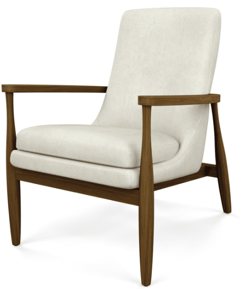 The American Leather Aaron armchair by American Leather features a wooden frame and legs, premium foam seats, and a cushioned backrest in light beige fabric. Its minimalist Modern Danish design offers timeless elegance.