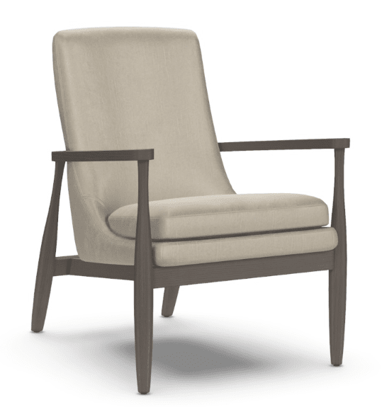 The American Leather Aaron accent chair by American Leather features light beige upholstery, a high back, premium foam seat, and a dark wooden frame with straight arms and tapered legs.