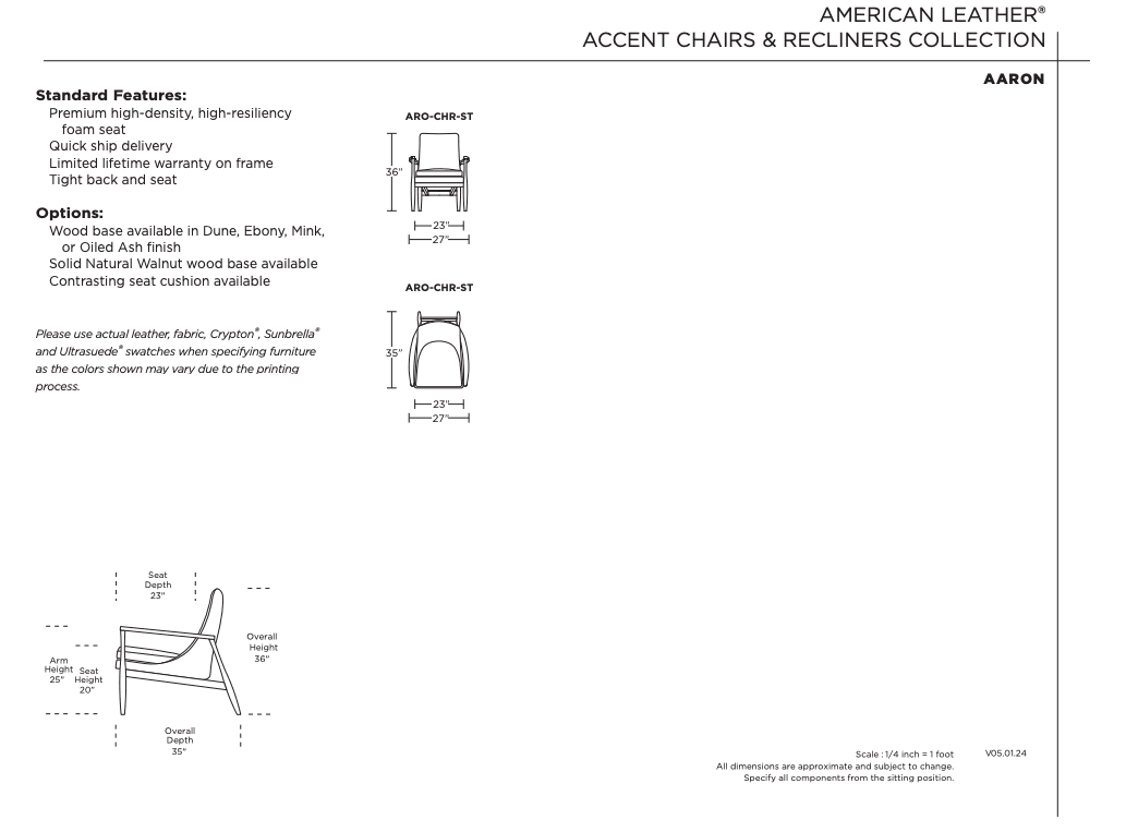 Diagram of the American Leather Aaron chair, with front and side views, labeled dimensions, premium foam seat standard features, available options, and notes on scale and fabric variation from American Leather.