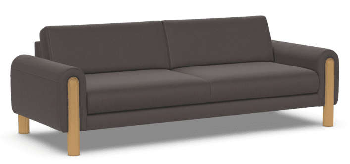 The American Leather Revie Sofa by American Leather features a modern dark gray design with straight lines, wide armrests, and light wooden legs. This minimalist three-seater is perfect for any space. Shown on a plain white background.