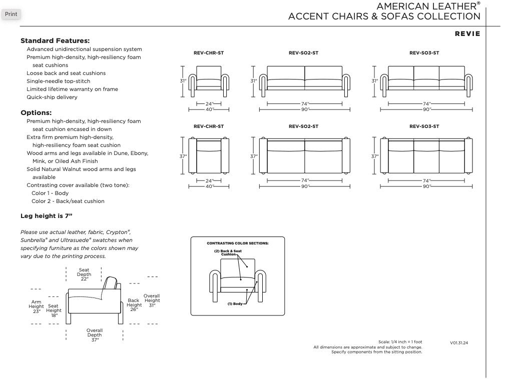 A product specification sheet for the American Leather Revie Chair features detailed diagrams, dimensions, rolling arm options, solid walnut accents, and a chart comparing seat widths by arm style.