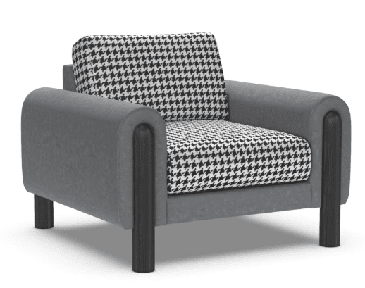 The American Leather Revie Chair by American Leather features thick, rounded gray armrests and solid walnut wood legs, with a high-density foam seat and backrest upholstered in black-and-white houndstooth fabric.