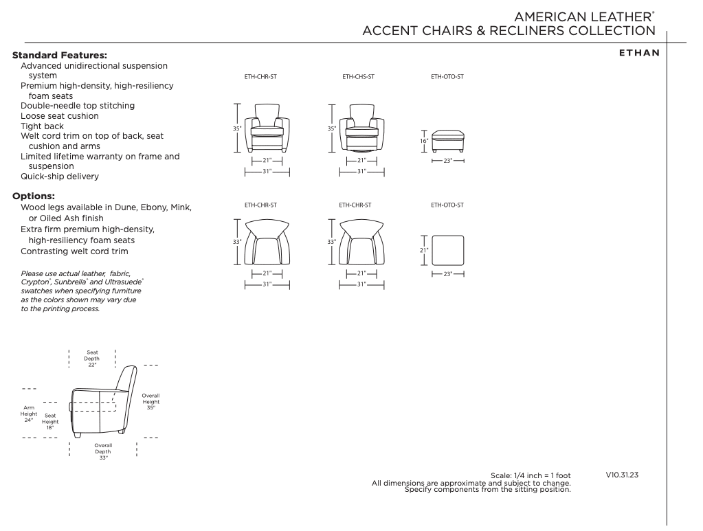Line drawings and dimensions of the American Leather ETHAN Chair & Ottoman, shown from front and side views, highlighting features such as customizable upholstery, a barrel-shaped back, and available finishes.
