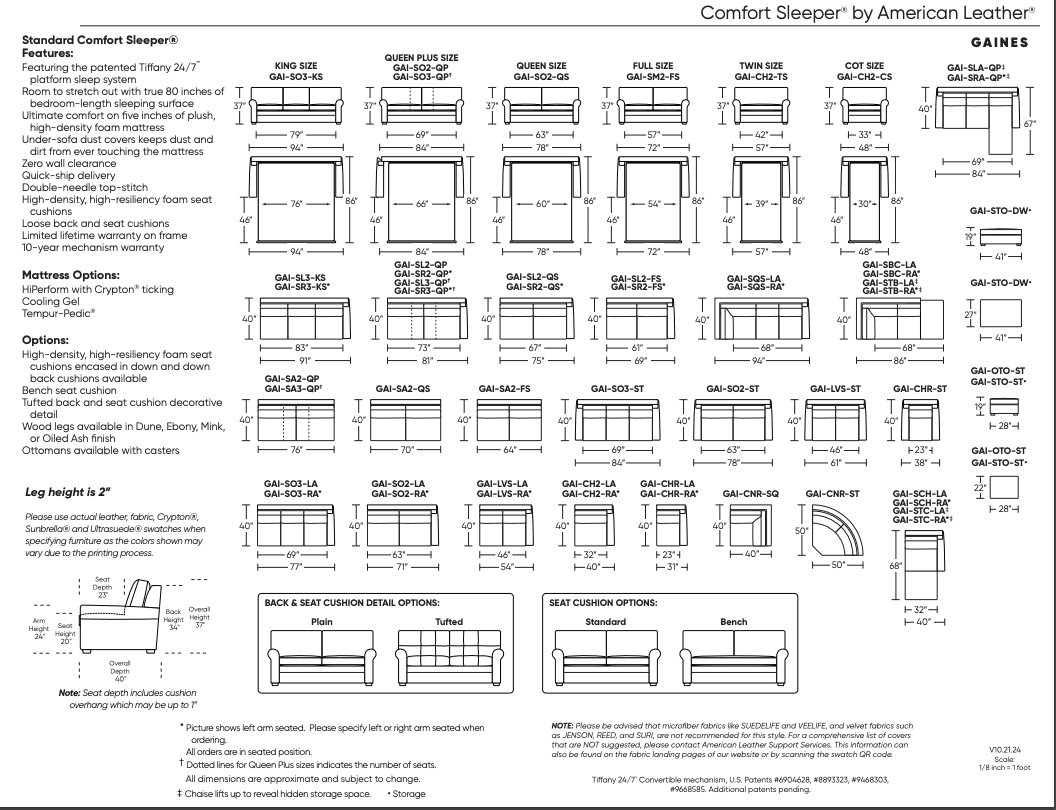 A detailed spec sheet for the American Leather GAINES Comfort Sleeper highlights the Tiffany 24/7 Sleep System, labeled dimensions, technical drawings, and options for high density foam mattress and cushion styles. Features and configurations are listed.