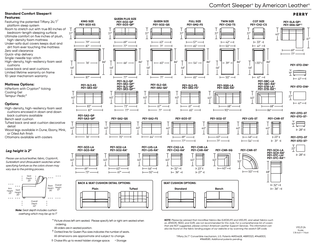 Diagram showing multiple configurations and dimensions of the American Leather PERRY Comfort Sleeper, with customizable sectionals, sofas, chairs, high-density foam mattress options, and detailed labeled measurements for each piece.