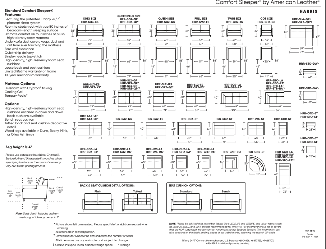 Diagram with labeled line drawings of the American Leather HARRIS Comfort Sleeper, showing Tiffany 24/7 Sleep System, high-density foam mattress, dimensions, features, and cushion options for queen, full, twin, cot beds and sectionals.