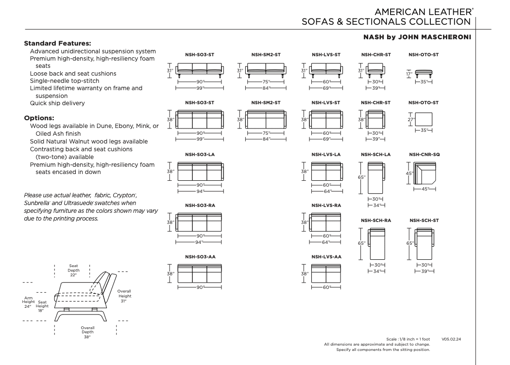 A catalog page displays diagrams and dimensions of the American Leather NASH 3 & 2 Seat Sofa & Loveseat, featuring high-density foam cushions, Walnut legs, and a list of special features and options on the left.