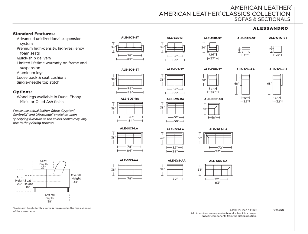 Diagram displaying configurations for the American Leather Alessandro Chair, featuring labeled line drawings, chair dimensions, and a list of standard features like eco-friendly foam cushions and hardwood frame options on the left.