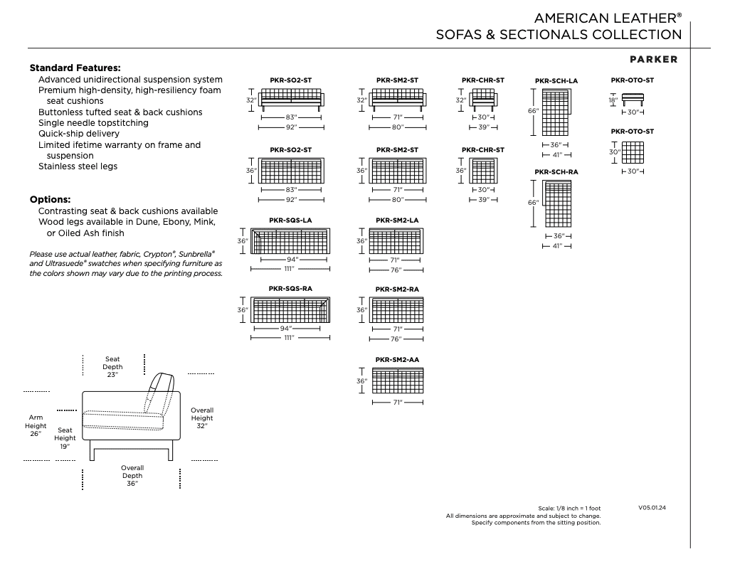 A catalog page displays diagrams, features, options, and dimensions of the American Leather PARKER Chair, highlighting its high-density foam cushions.