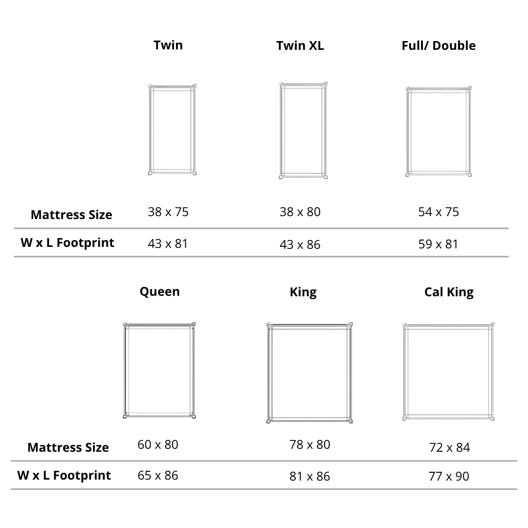 A chart shows six mattress sizes—Twin, Twin XL, Full/Double, Queen, King, and Cal King—with their inch dimensions and outline diagrams for pairing with the T.Y. Fine Furniture Shaker Platform Bed - Solid Wood Bed Frame.