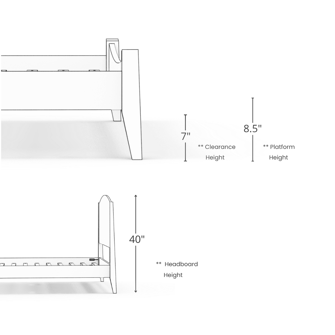 Line drawings of the T.Y. Fine Furniture Shaker Platform Bed - Solid Wood Bed Frame display side views with labeled dimensions: 7" clearance height, 8.5" platform height, and 40" headboard height on a plain white background.