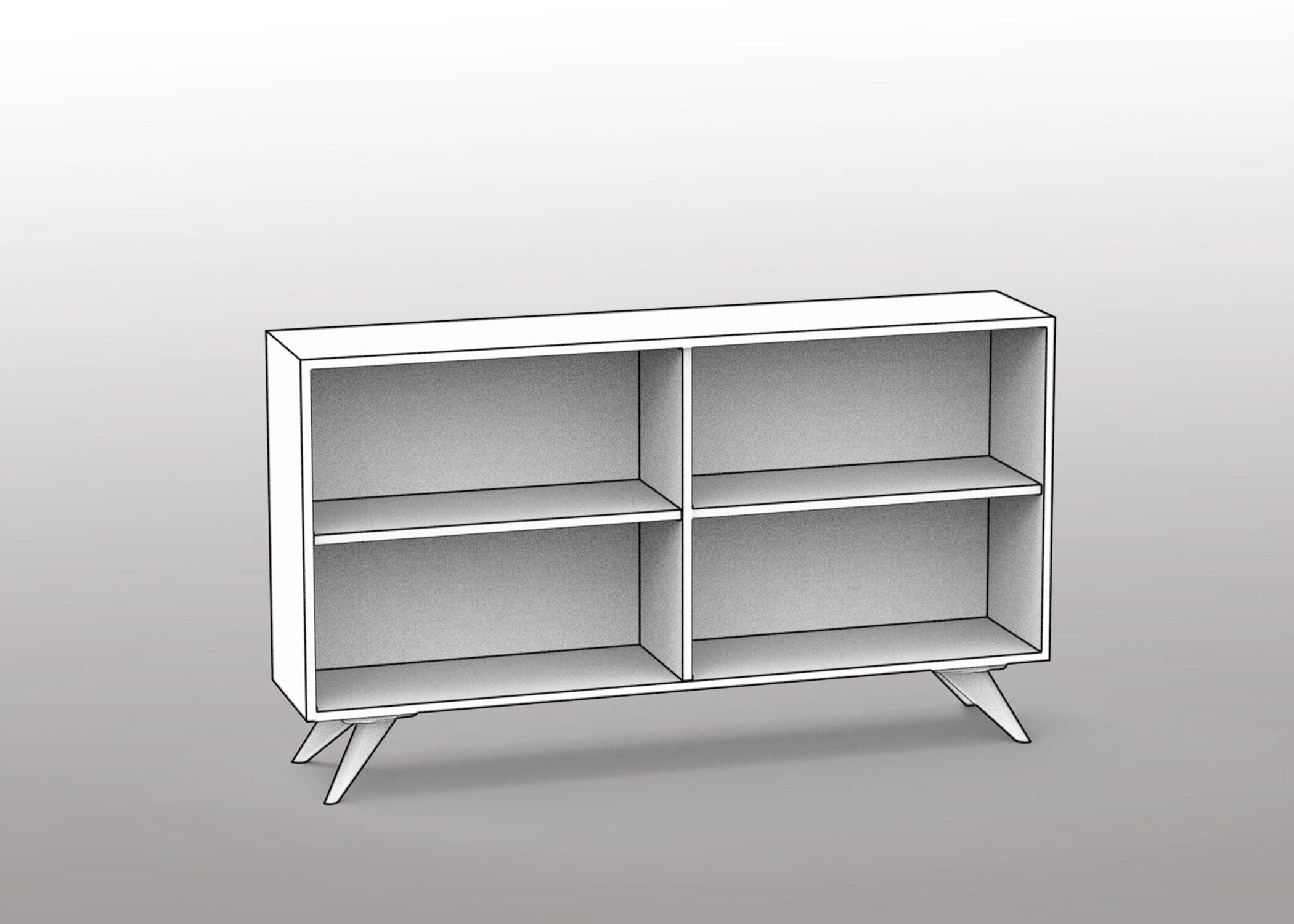 The T.Y. Fine Furniture Custom Modern Dresser 2×3 - Option 4 (Columbus OH) is a minimalist dresser with four open compartments, angled legs, and a simple modern design, shown on a plain gradient background.