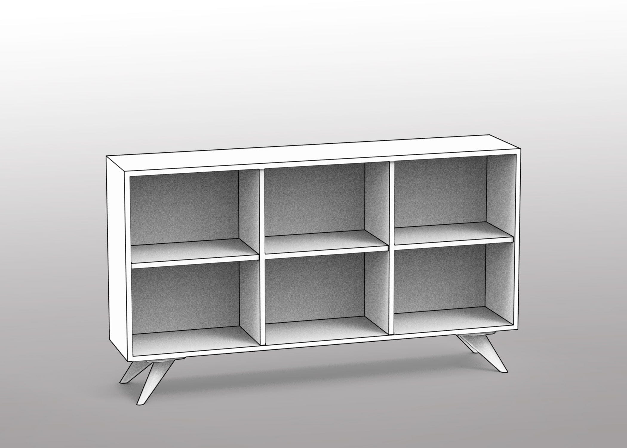 The Custom Modern Dresser 2×3 - Option 11 by T.Y. Fine Furniture is a white, rectangular piece with six open cubby compartments, angled legs, and a standard 12-inch depth, shown against a plain gradient background.