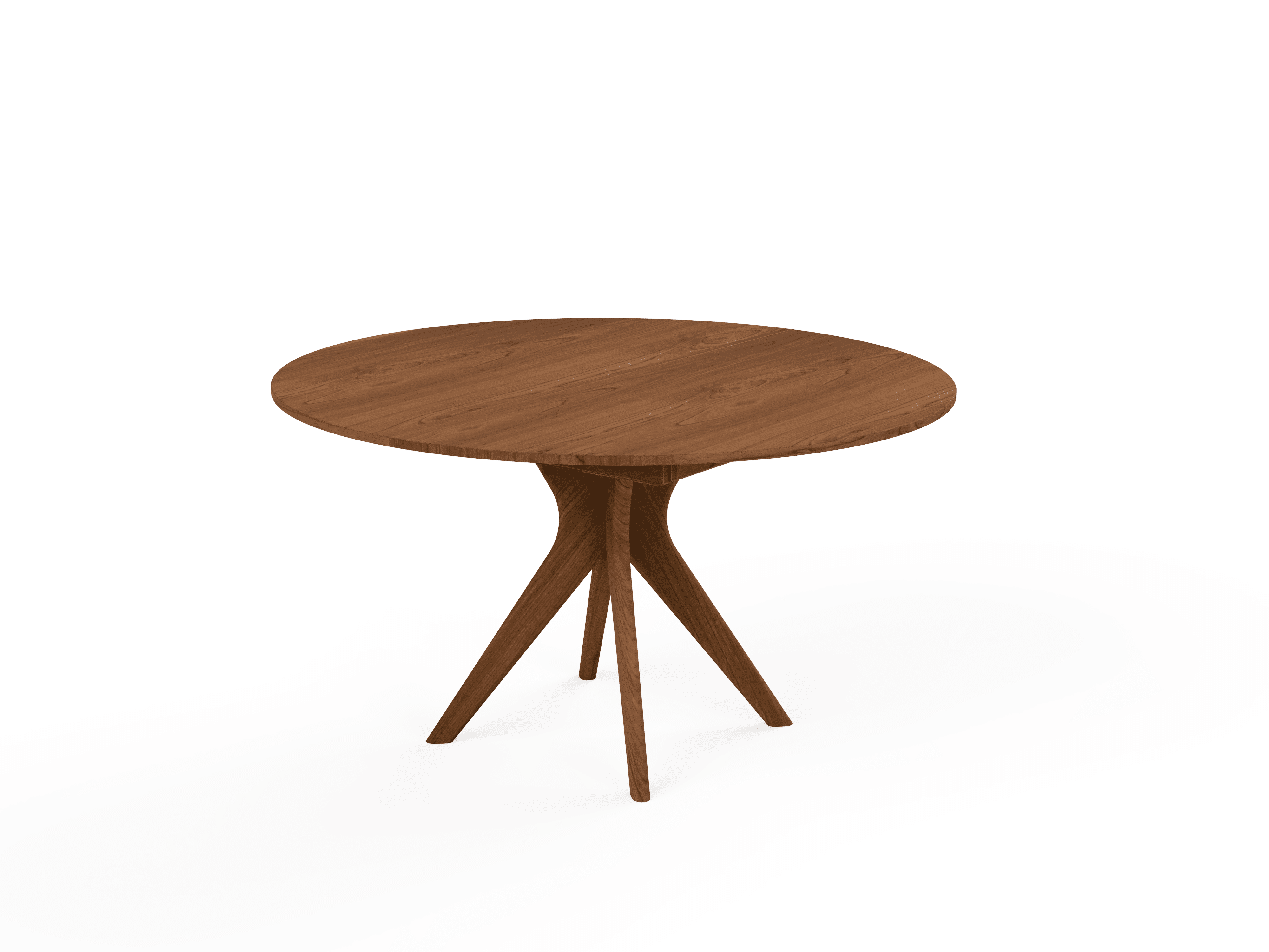 The Strata Extendable Round Dining Dinette Table by TY Fine Furniture features a handcrafted solid wood design with a smooth round surface and three angled legs, displayed against a white background.