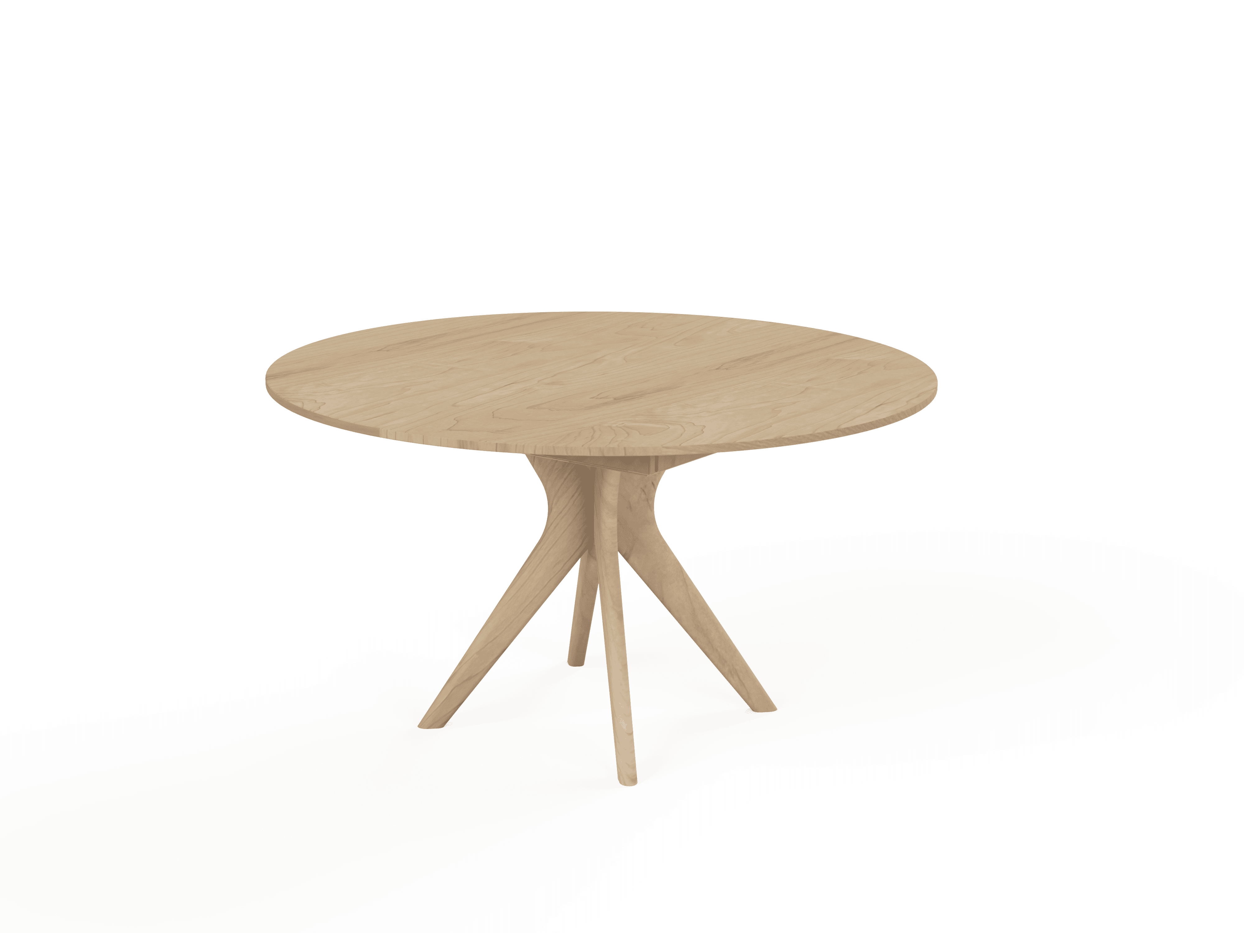 The Strata Extendable Round Dining Dinette Table by TY Fine Furniture features a smooth solid wood surface and a unique three-legged base, showcased against a plain white background.