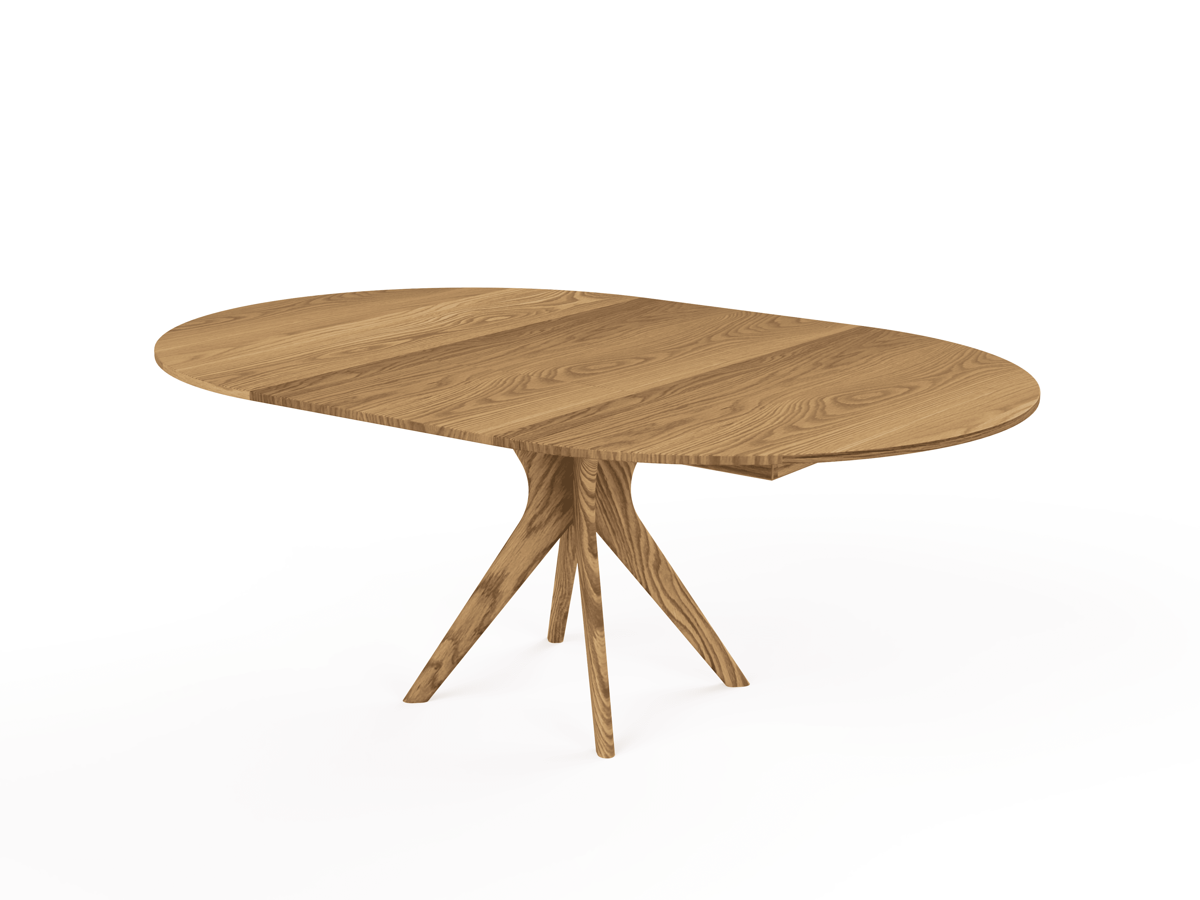 The Strata Extendable Round Dining Dinette Table by TY Fine Furniture is a handcrafted solid wood table with a smooth surface and a distinctive four-legged base, shown against a plain white background.