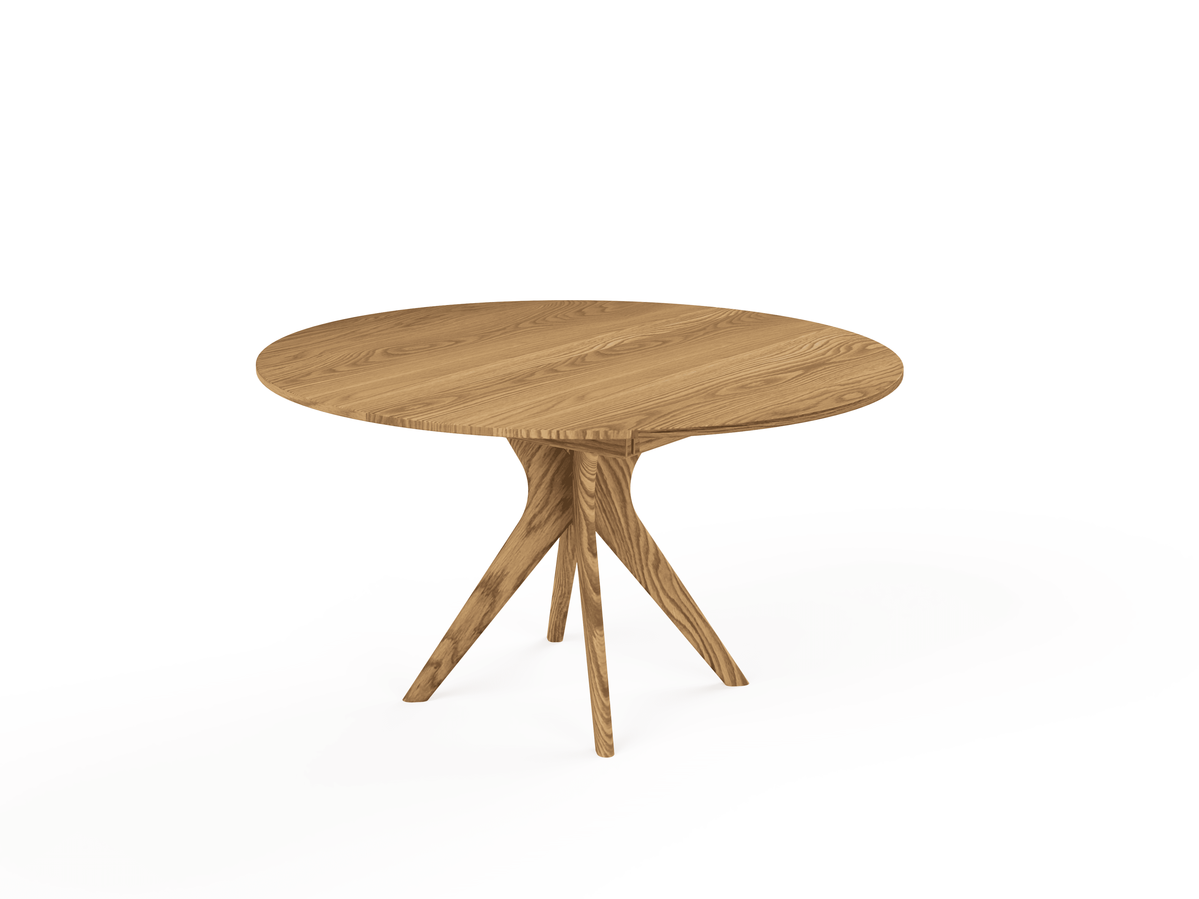 The Strata Extendable Round Dining Dinette Table by TY Fine Furniture is a handcrafted solid wood table featuring a smooth round top and four angled legs converging at the center, shown on a white background.
