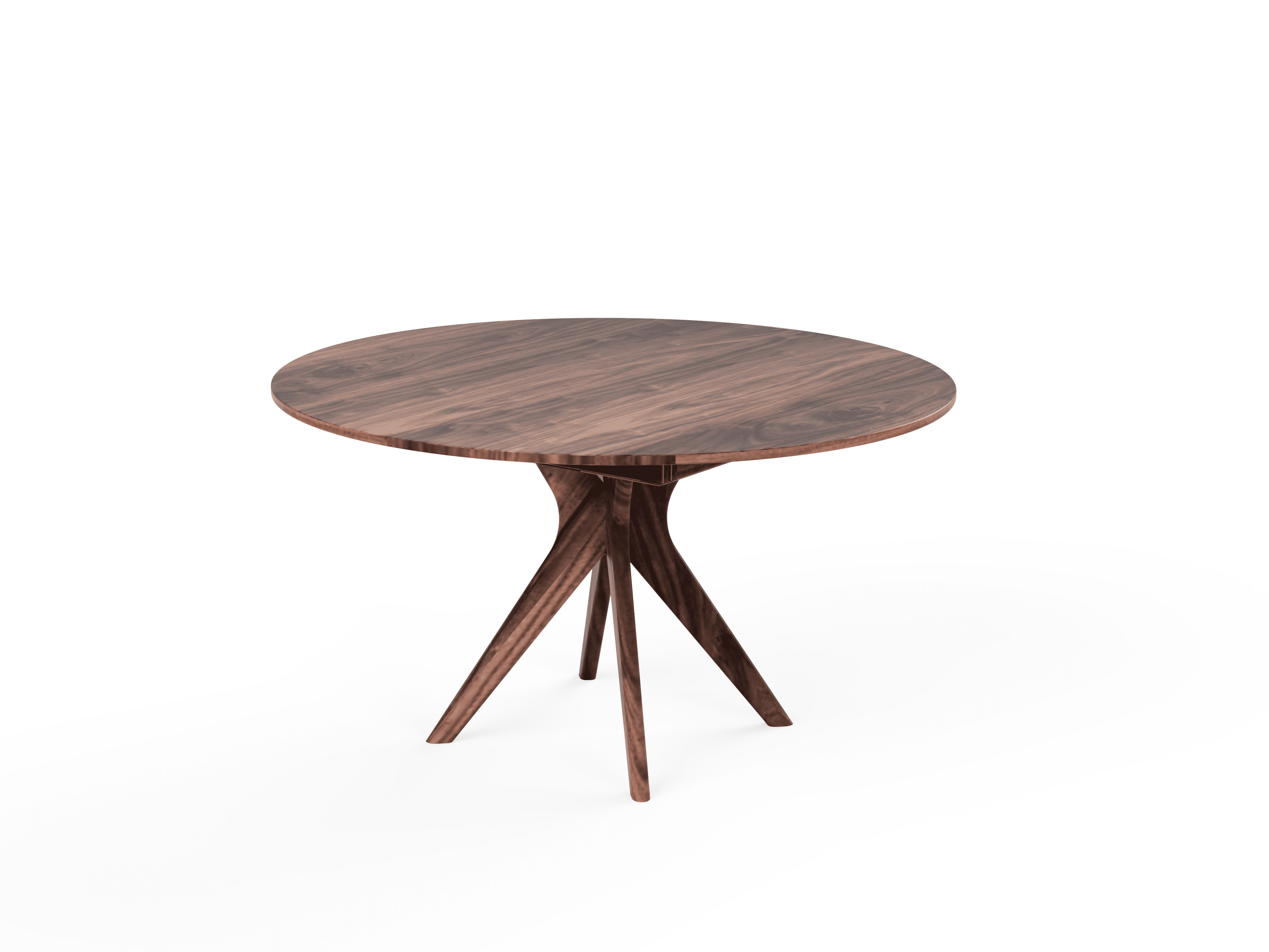The TY Fine Furniture Strata Extendable Round Dining Dinette Table is a handcrafted solid wood table with a dark finish and four angled legs intersecting at the center, shown against a white background.