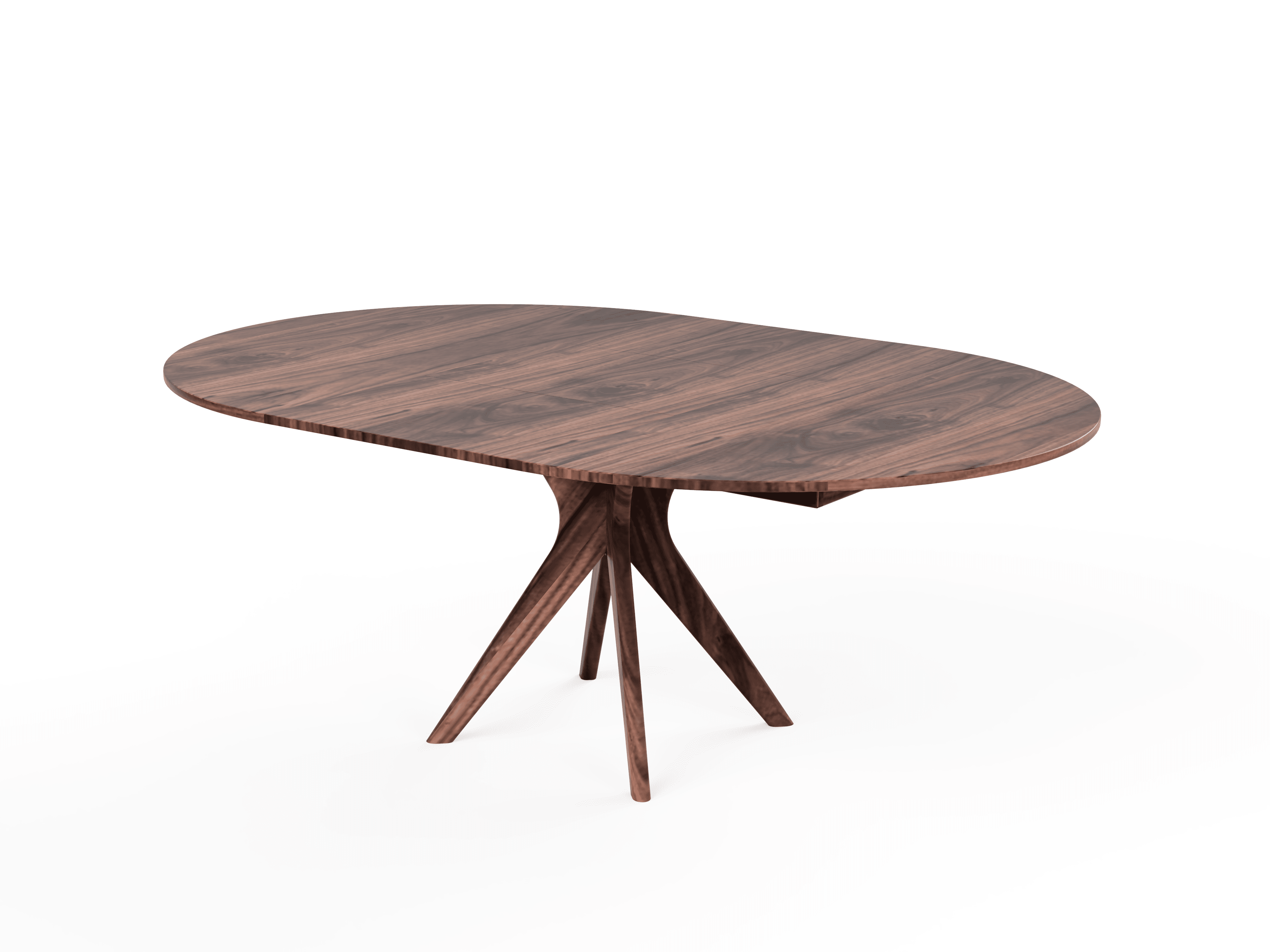 The TY Fine Furniture Strata Extendable Round Dining Dinette Table is a handcrafted solid wood extension table with a smooth oval surface and a unique four-legged base, shown against a plain white background.