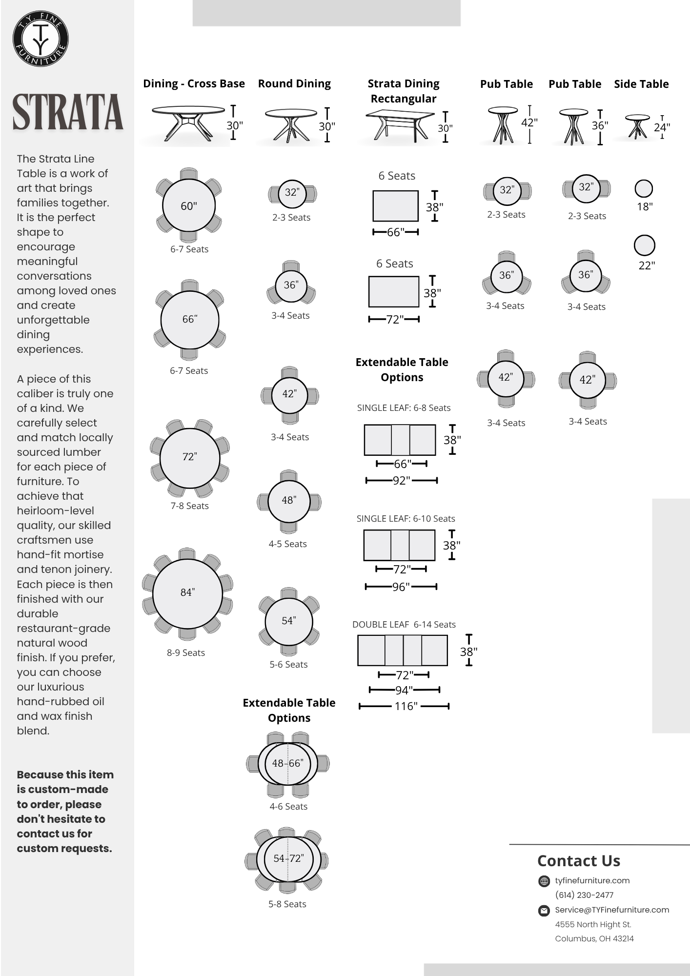 Infographic featuring TY Fine Furniture's Strata Extendable Dining Table in White Oak, with diagrams of shapes, seating capacities, measurements, and contact info at the bottom.