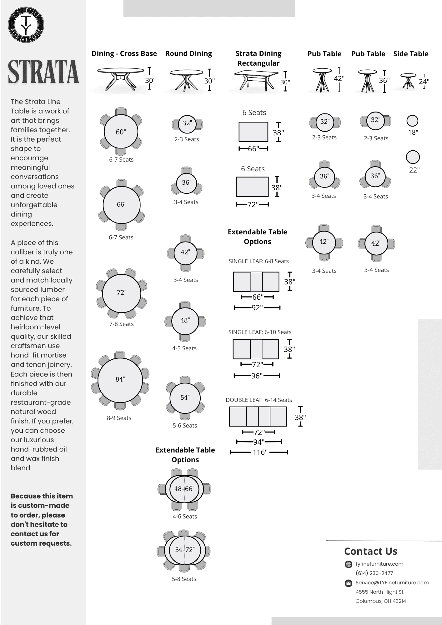 Infographic featuring TY Fine Furniture's Strata Extendable Dining Table in White Oak, with diagrams of shapes, seating capacities, measurements, and contact info at the bottom.