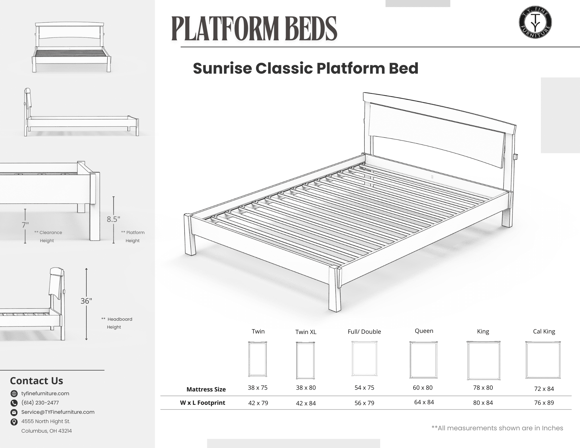 A product info sheet for the Sunrise Classic Platform Bed - Solid Wood Bed Frame by TY Fine Furniture features a black-and-white diagram with side and front views, contact info, and dimensions chart for Twin, Full, Queen, King, and Cal King sizes.