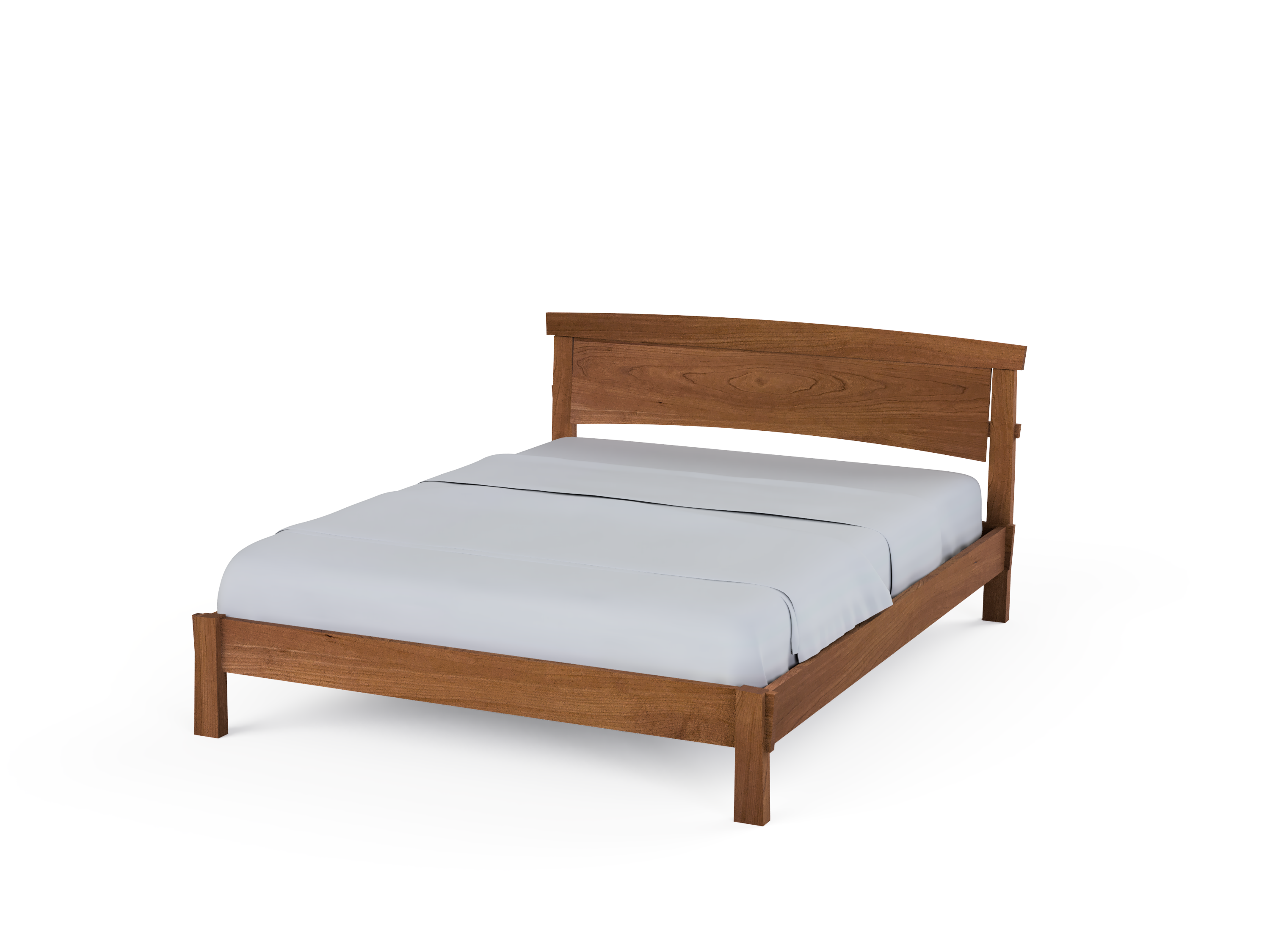 The Sunrise Classic Platform Bed by TY Fine Furniture features a handcrafted solid wood frame with a simple headboard and light gray bedding, inspired by Japanese woodworking, shown on a white background.