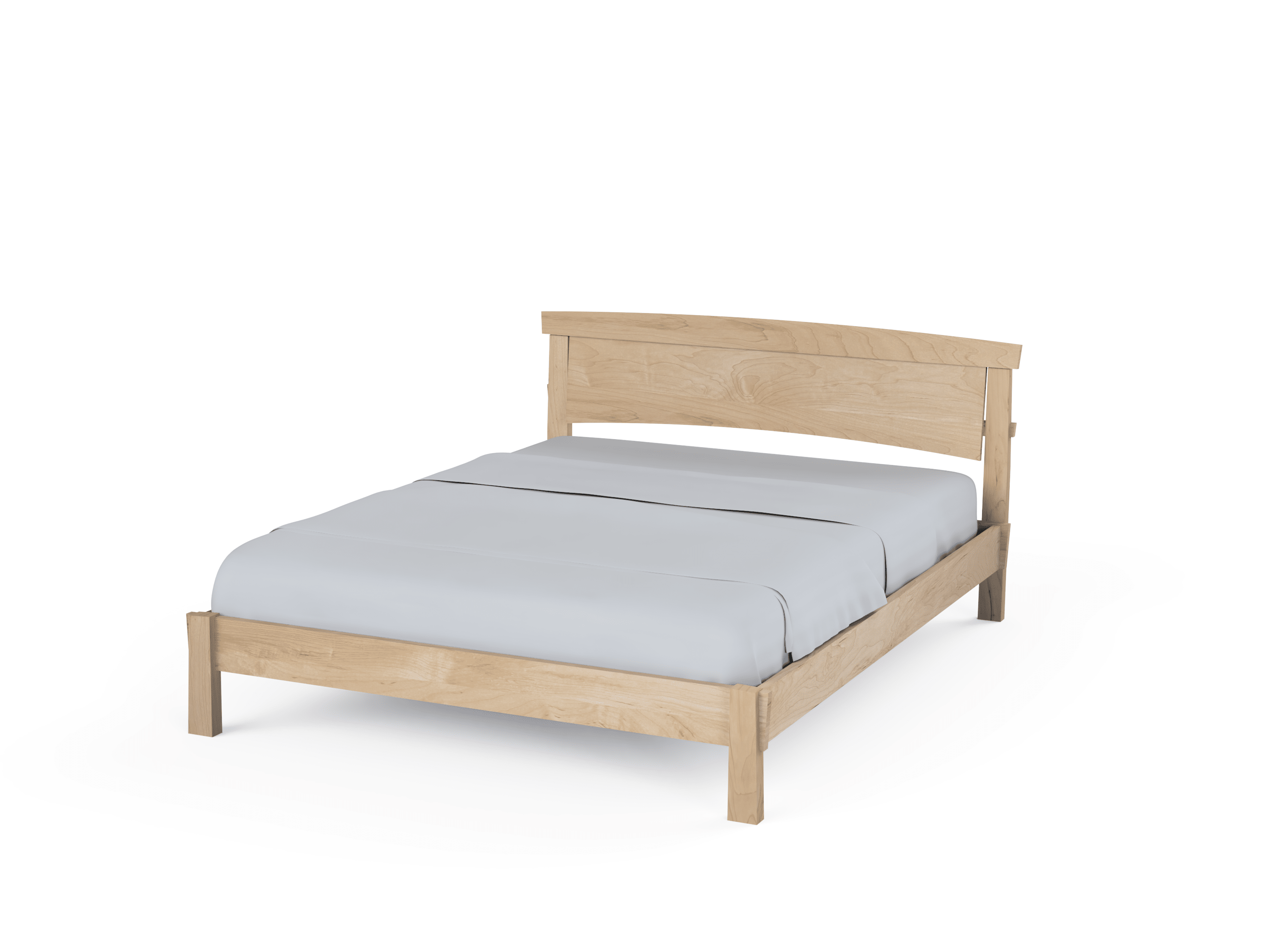 The Sunrise Classic Platform Bed by TY Fine Furniture features a simple headboard and footboard in solid wood with a light natural finish, dressed in a light gray fitted sheet and blanket against a plain white background.