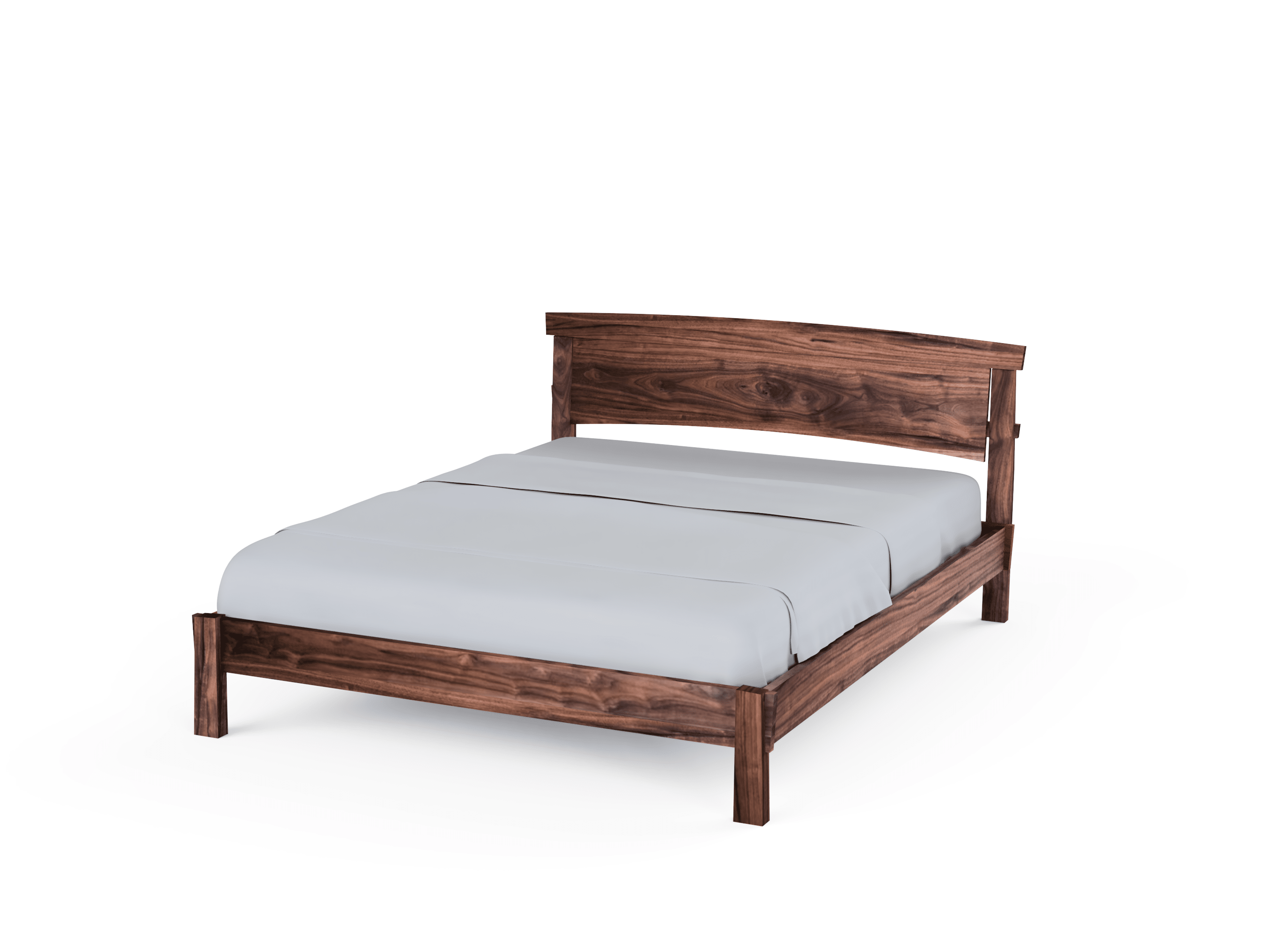 The Sunrise Classic Platform Bed by TY Fine Furniture, a handcrafted solid wood frame with headboard and footboard inspired by Japanese woodworking, is shown with light gray bedding against a white background.