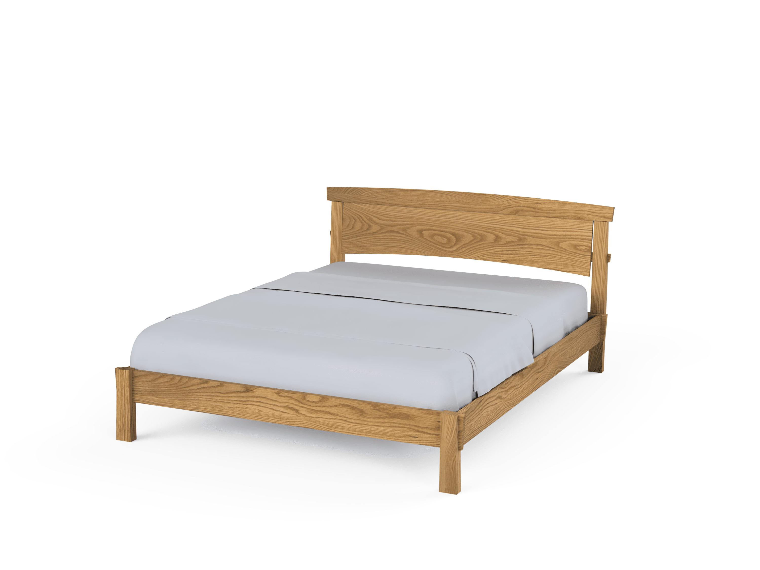 The Sunrise Classic Platform Bed by TY Fine Furniture is a handcrafted solid wood bed frame with a simple headboard and footboard in a light finish, styled with a light gray comforter and neat bedding against a white background.