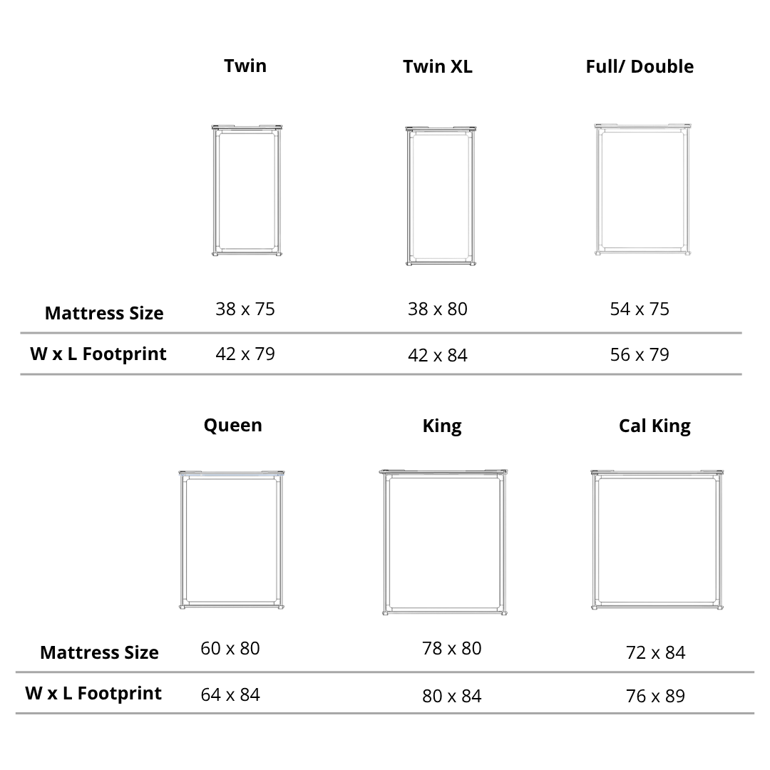 Chart displaying six mattress sizes—Twin, Twin XL, Full/Double, Queen, King, and Cal King—with dimensions and footprint, each shown above a simple rectangle, ideal for the Sunrise Classic Platform Bed by TY Fine Furniture.