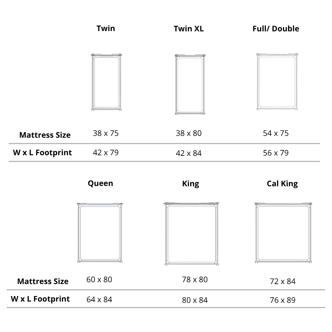 Chart displaying six mattress sizes—Twin, Twin XL, Full/Double, Queen, King, and Cal King—with dimensions and footprint, each shown above a simple rectangle, ideal for the Sunrise Classic Platform Bed by TY Fine Furniture.