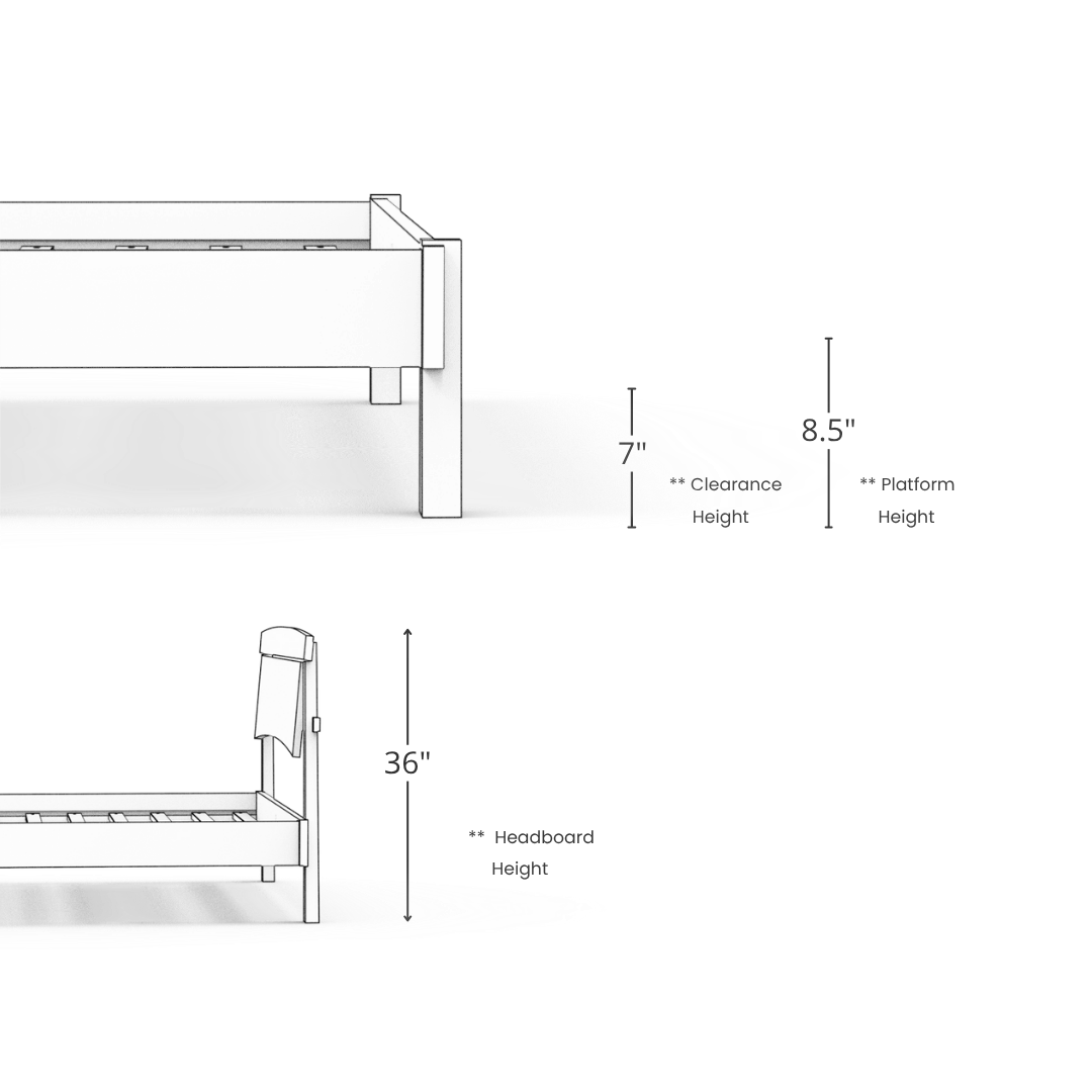 Line drawing of the TY Fine Furniture Sunrise Classic Platform Bed, solid wood frame with 7" clearance, 8.5" platform height, 36" high headboard, inspired by Japanese woodworking, shown from side and end views.