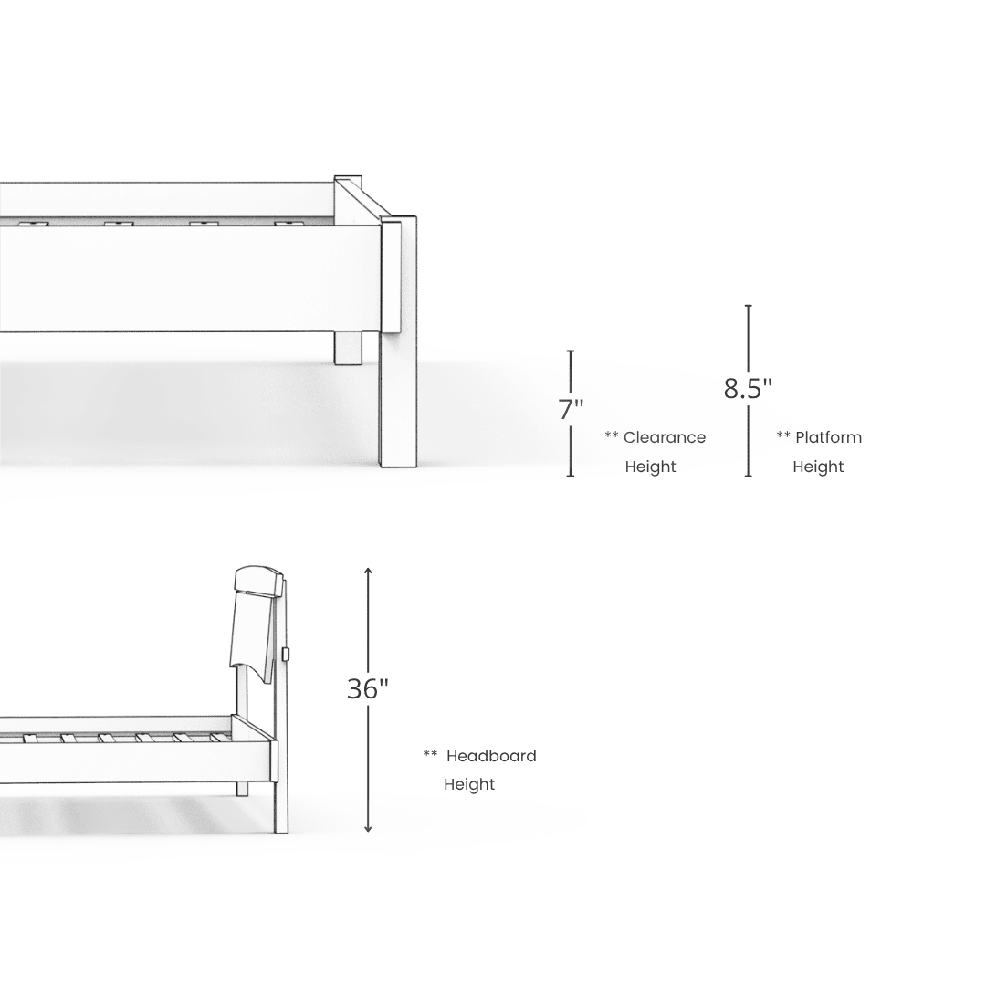 Line drawing of the TY Fine Furniture Sunrise Classic Platform Bed, solid wood frame with 7" clearance, 8.5" platform height, 36" high headboard, inspired by Japanese woodworking, shown from side and end views.