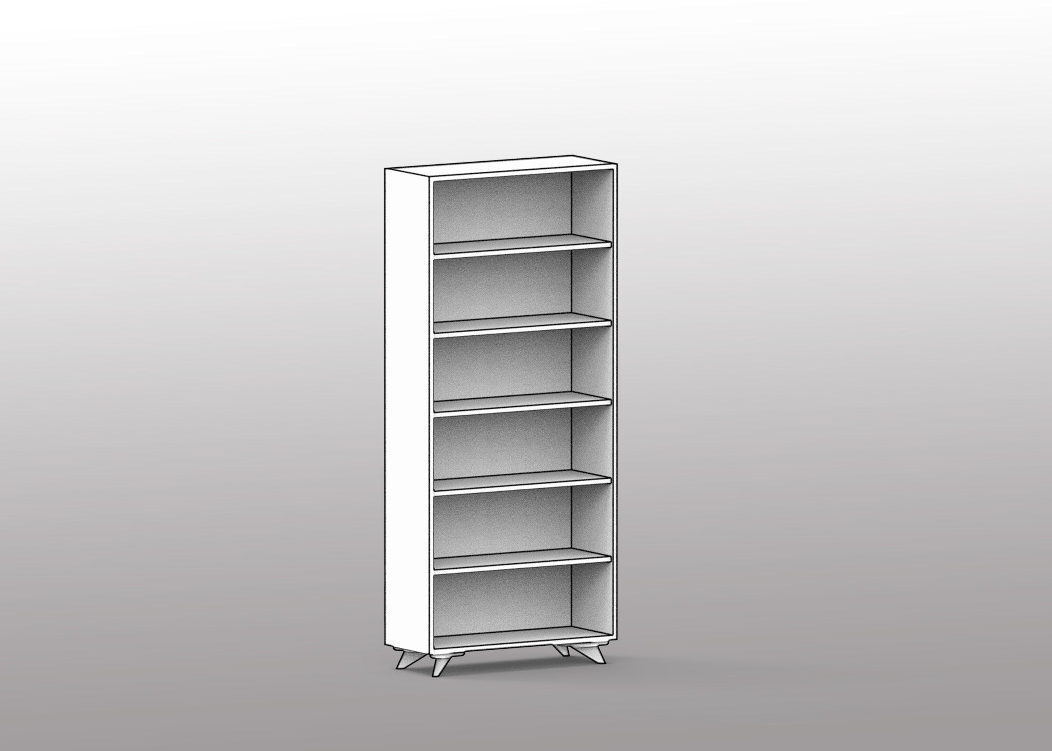 The Customizable Modern Bookcase: Tall 1 Column by T.Y. Fine Furniture is a tall, rectangular bookshelf with five shelves and angled legs. Its simple, modern design features 12-inch-deep shelves for versatile storage against a gradient background.